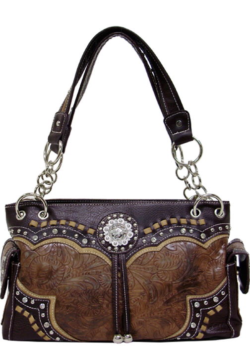 500441BR - 13 x 9 x 5<br />Embossed prnt w/contrasting trim/lacing w/rhinestone concho, 1 comp sep by zip pckt, cell/zip vert pckt(500558BR