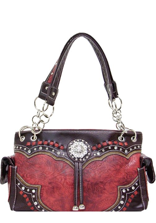 500441RD - 13 x 9 x 5<br />Embossed prnt w/contrasting trim/lacing w/rhinestone concho, comp sep by zip pckt, cell/zip vert pckt (500558RD)