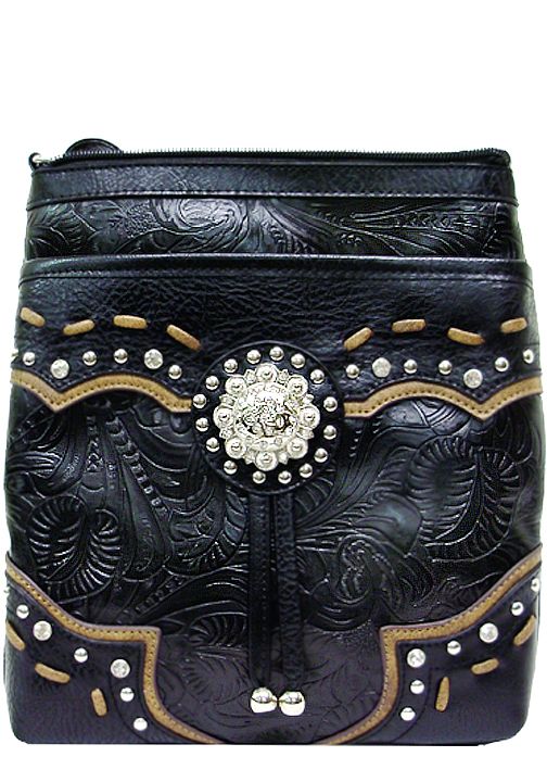 500442BK ALSO AVAIL IN TQ - 8.5 x 10 x 1.25<br />Embossed prnt w/contrasting trim & lacing w/rhinestone covered concho, 1 comp, back zip vert pckt