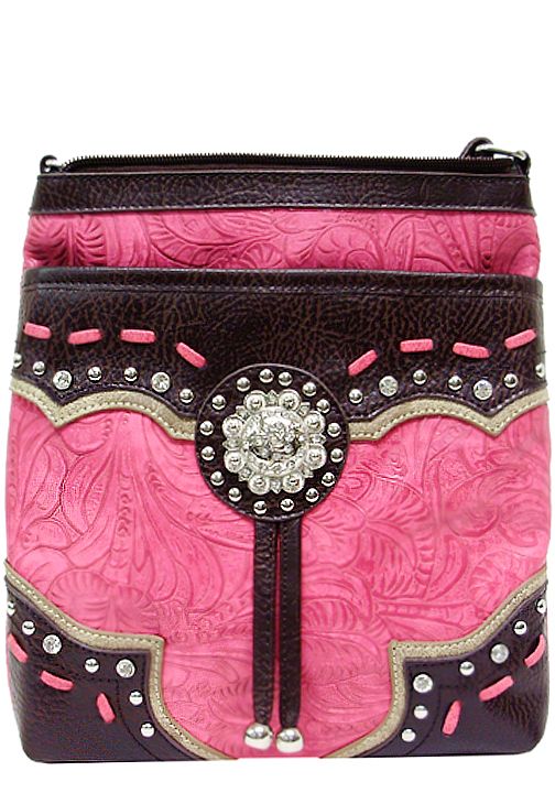 500442HP - 8.5 x 10 x 1.25<br />Embossed prnt w/contrasting trim & lacing w/rhinestone covered concho, 1 comp, back zip vert pckt(500558HP)