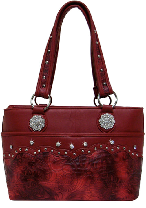 500444RD - 12 x 8.5 x 5.5<br />Embossed w/Solid trim, rhinestone conchos, front snap pckt, Back: VERTical Zip & Open pkt (500473, 500493)