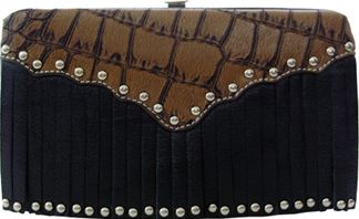 W500453BK - 7.5 x 4.5 x .75 <br />Solid material with gator print trim, black studded fringe, cc slots, ckbook, back pckt