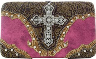 W500454HP - 7.5 x 4.5 x .75<br />Two layers of embossed trim w/studs, rhinestone cross,snap pocket on back,cc slots,checkbook