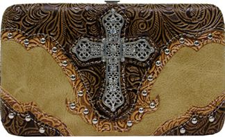 W500454LBR - 7.5 x 4.5 x .75<br />Two layers of embossed trim w/studs, rhinestone cross,pocket on back, cc slots,checkbook