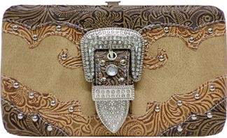 W500455LBR - 7.5 x 4.5 x .75<br />Rhinestone buckle on front, snap pocket on back, cc slots, checkbook - Light Brown