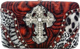 W500457HP - 7.5 x 4.5 x .75<br />Gator print w/animal trim and rhinestone cross, cc slots, checkbook - Hot Pink