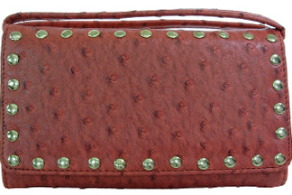 W500468RD - 7.5 x 4.5 x 1.25<br />Ostrich print with gold studs, cc slots, checkbook, back zip & open pckts, 2 straps