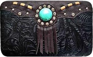 W500472BK - 7.5 x 4.5 x .75<br />Embossed w/rhinestones & lacing on trim, TQ stone concho, back snap pckt, cc slots, chckbk(304, 305, 275)