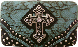 W500474TQ - 7.5 x 4.5 x .75<br />Crackled print w/studded trim & rhinestone cross, cc slots, checkbook, back snap pckt