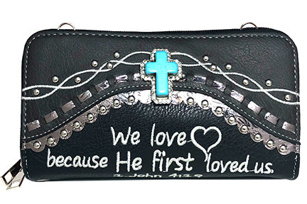 500487BK - 7.75 x 4.5 x 2<br />TQ Cross, Double Zip Crossbody & Wrist Strap<br />Verse: We love because...   (HB 500941)