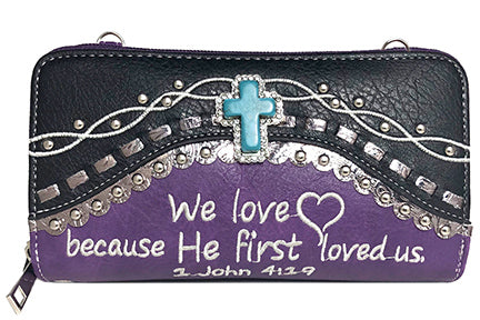 500487PU - 7.75 x 4.5 x 2<br />TQ Cross, Double Zip Crossbody & Wrist Strap<br />Verse: We love because...   (HB 500941)