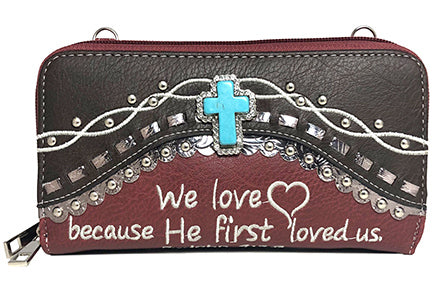 500487RD - 7.75 x 4.5 x 2<br />TQ Cross, Double Zip Crossbody & Wrist Strap<br />Verse: We love because...   (HB 500941)