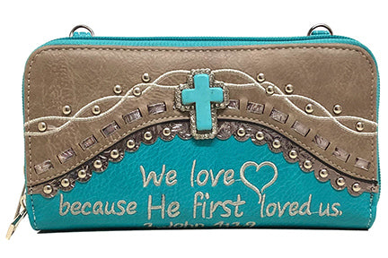 500487TQ - 7.75 x 4.5 x 2<br />TQ Cross, Double Zip Crossbody & Wrist Strap<br />Verse: We love because...   (HB 500941)