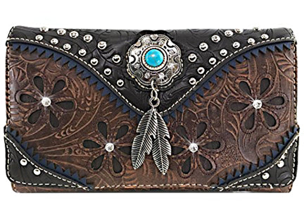 .500491TN - 7.5 x 4.5 x 1<br />Embossed w/Cutout Flowers, Rhinestone/Turquoise Concho w/Feather Charm, Zip Pckt on Back, 2 Straps.