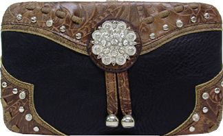 W500496BK - 7.5 x 4.5 x .75<br />Embossed trim w/studs & rhinestones, rhinestone concho, cc slots, checkbook, back snap pocket