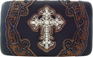 W500507BK  ONLY ONE - 7.5 x 4.5 x .75<br />Solid print w/embossed trim & rhinestone cross, cc slots, checkbook, back snap pocket (500336BK)