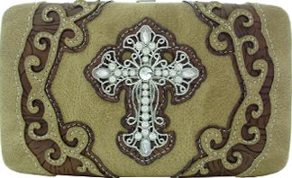 W500507LBR - 7.5 x 4.5 x .75<br />Solid print w/embossed trim & rhinestone cross, cc slots, checkbook, back snap pocket (500336LBR)