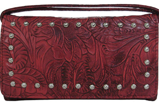 W500509RD - 7.5 x 4.25 x 1.75<br />Embossed with nail heads, cc slots, zip & open pockets, ID holders, back zip & open pockets, 2 straps