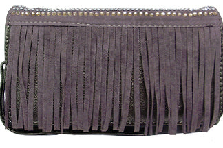 W500512PW - 7.5 x 4.5 x 1.5<br />Solid with rolls of rhinestones & fringe, cc slots, zip/open pckts, back zip/open pckts, 2 straps (500343)