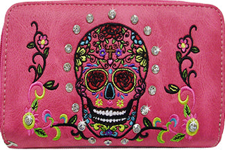 W.500524PK - 7.5 x 4 x 1.5<br />Sugar skull w/rhinestones, colorful embroidery, 2 zipper comps, cc slots, pckts, wrist strap strap for cross