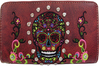 W500524RD - 7.5 x 4 x 1.5<br />Sugar skull w/rhinestones, colorful embroidery, 2 zipper comps, cc slots, pckts, wrist strap (500903)