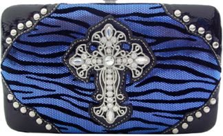 W500534BL - 7.5 x 4.5 x .75<br />Shiny zebra print, rhinestone cross and studs, cc slots, checkbook, back snap pocket - Blue