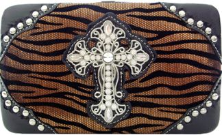 W500534CP - 7.5 x 4.5 x .75<br />Shiny zebra print, rhinestone cross and studs, cc slots, checkbook, back snap pocket - Blue