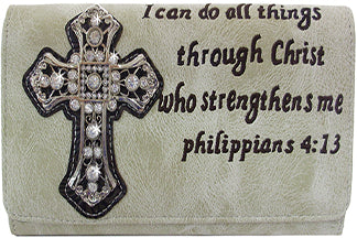 W500536RD,PW,TQ,BK,HPK,TN ONLY - 7.5 x 4.5 x 1.5<br />Bible verse w/rhinestone cross, cc slots, pckts, back zip & open pckts, 2 straps