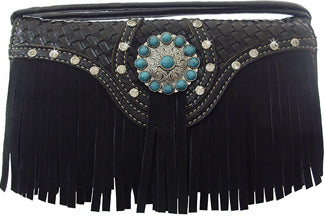 W500544BK - 7.5 x 4.5 x1.5<br />Fringe skirt w/basket weave insert, rhinestones & studs, concho, cc slots, ID holders, zip/open pckts