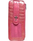 W500551HP - 7 x 3.25 <br />Credit Card Holder -Shiny prt, w/cross cc slots w/snap strap closure, middle zipper pkt, back open pkt.- Hot Pink