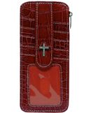 W500551RD - 7 x 3.25 <br />Credit Card Holder - Shiny prt. w/cross cc slots w/snap strap closure, middle zipper pkt, back open pkt. -