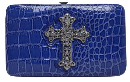 W500554BL - 7.5 x 4.5 x .75 <br /> Gator print Rhinestone Cross, inside pockets, cc slots, ckbk - Blue