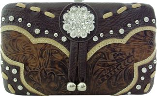 W500558BR - 7.5 x 4.5 x .75<br />Embossed prnt w/trim & lacing w/rhinestone concho, cc slots, chckbk, snap pckt(500441BR, 500442BR, 500443BR