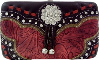 W500558RD - 7.5 x 4.5 x .75<br />Embossed prnt w/contrasting trim\lacing w/rhinestone covered concho, cc slots, chckbk, snap pckt(441, 442)