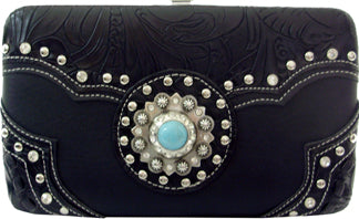 W500560BK - 7.5 x 4.5 x .75<br />Solid w/embossed trim, rhinestone & TQ berry concho, cc slots checkbook, back snap pckt