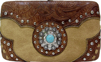 W500560LBR - 7.5 x 4.5 x .75<br />Solid w/embossed trim, rhinestone & TQ berry concho, cc slots checkbook, back snap pckt