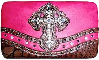 W500564HP - 7.5 X 4.5 X .75<br />Rows of rhinestones, gator print trim, fancy rhinestone cross, cc slots, checkbook, back snap pckt.