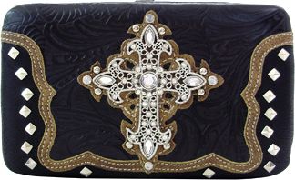 W500583BK - 7.5 x 4.5 x .75<br />Embossed print w/BK & BR trim, rhinestone cross, cc slots, checkbook, back snap pckt (500285BK)