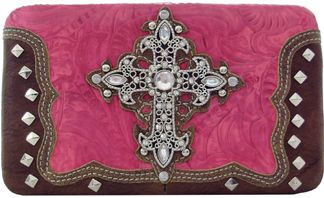 W500583HP - 7.5 x 4.5 x .75<br />Embossed print w/LBR & BR trim, rhinestone cross, cc slots, checkbook, back snap pckt (500285HP)