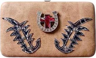 W500589LBR - 7.5 x 4.5 x .75<br />Solid material w/snake print trim, rhinestone horseshoe w/rhinestone cross