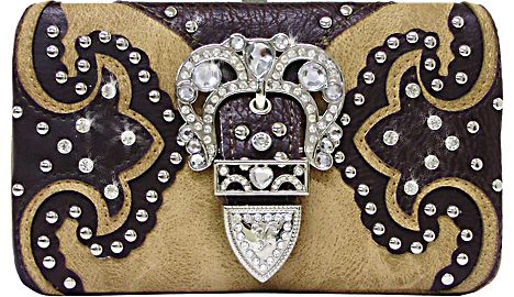 W500591LBR - 7.5 x 4.5 x .75<br />Overlays w/ studs & rhinestone trim, princess rhinestone buckle, checkbook, cc slot, back snap pck (500422