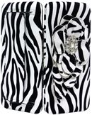 W500601BK - 7.5 X 4.5 X 1<BR /> Zebra print (bk stripe felt)w/rhinestone center flower, ckbook, cc slots, pckt on back- Black (500228ZEB)