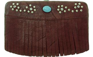 W500603BG - 7.5 x 4.5 x .75<br />Solid material with rhinestones, studs & a turquoise stone atop a fringe skirt, cc slots, checkbook