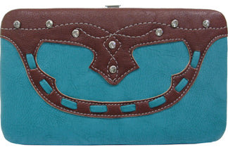 W500605TQ - 7.5 x 4.5 x .75<br />Solid material w/overlay top stitched w/rhinestones, cc slots, checkbook, back snap pocket (500390, 500391)