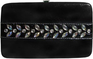 W500611BK - 7.5 x 4.5 x .75 <Br /> Shiny print w/gator center w/Rhinestone leaves, checkbook, cc slots, open pocket, snap back pocket -Black