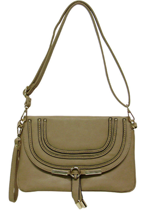 500630LBR - 12 x 8 x 1<br />Solid w/gold accents, snap flap, zip comp w/3 pckts, back zip pckt, wrist & shoulder straps