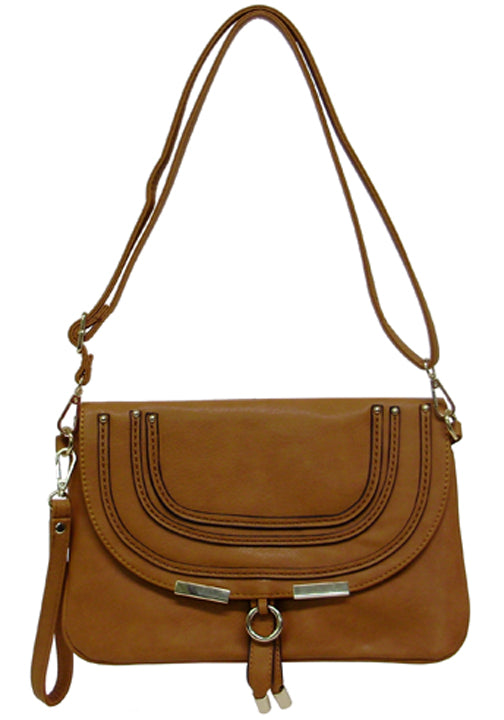 500630TN - 12 x 8 x 1<br />Solid w/gold accents, snap flap, zip comp w/3 pckts, back zip pckt, wrist & shoulder straps