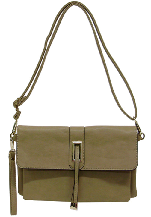 500631LBR - 11.5 x7.5 x 1<br />Solid w/gold accents, snap flap, 2 open & 1 zip comps, 3 inside pckts, back zip pckt, adjustable strap