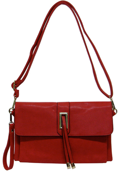 500631RD - 11.5 x7.5 x 1<br />Solid w/gold accents, snap flap, 2 open & 1 zip comps, 3 inside pckts, back zip pckt, adjustable strap