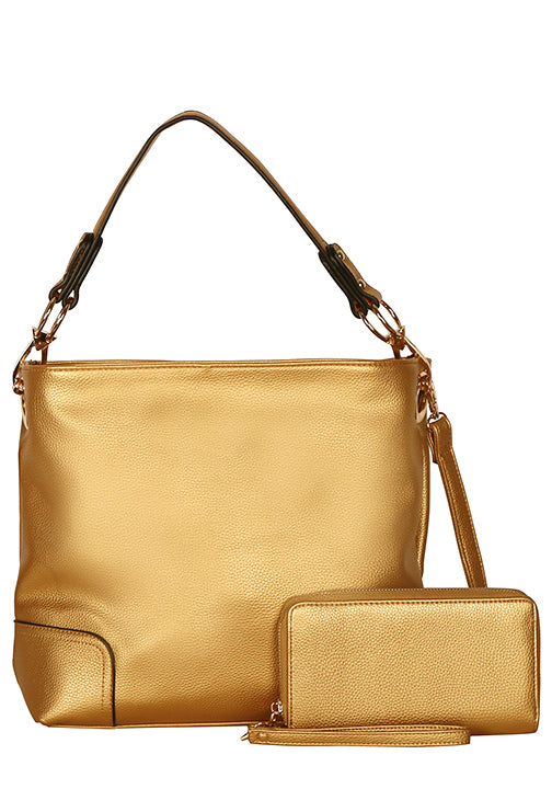 .500644GD - 13 x 11 x 4.25<br />Embossed Pebble Grain Bag & Wallet<br />Zip Top, Gold-tone Hardware, Removable Strap,<br />Center Zip Pocket